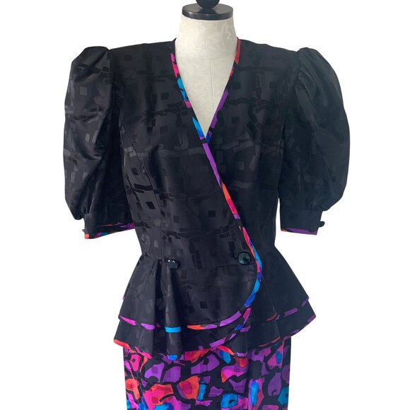 A J Bari Vintage Womens Skirt Suit Jacket Size 12 Black Balloon Sleeve Peplum - Picture 4 of 16